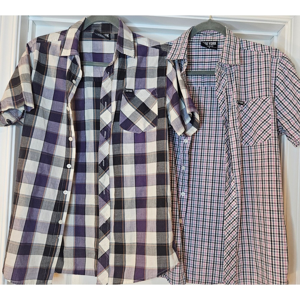 Lot of 2 Zoo York Mens Small Short Sleeve Plaid Check Button Down Shirts Purple